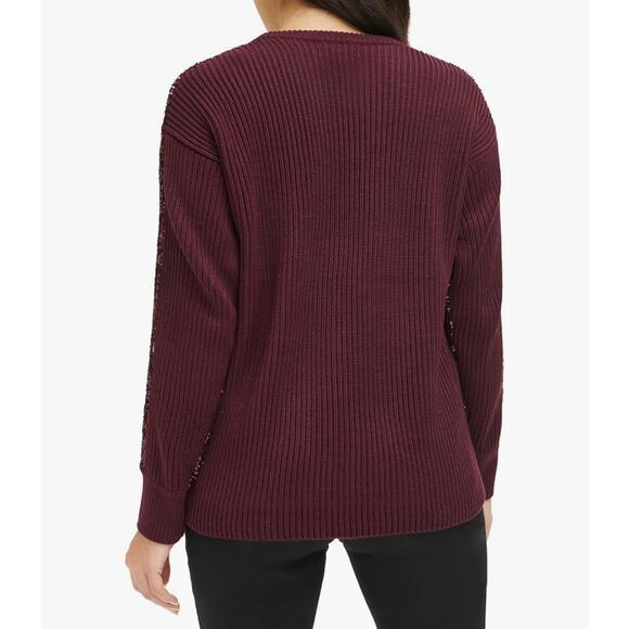 Calvin Klein Sequin Front Crew Neck Long Sleeve Sweater in Port Size Medium - Picture 3 of 9